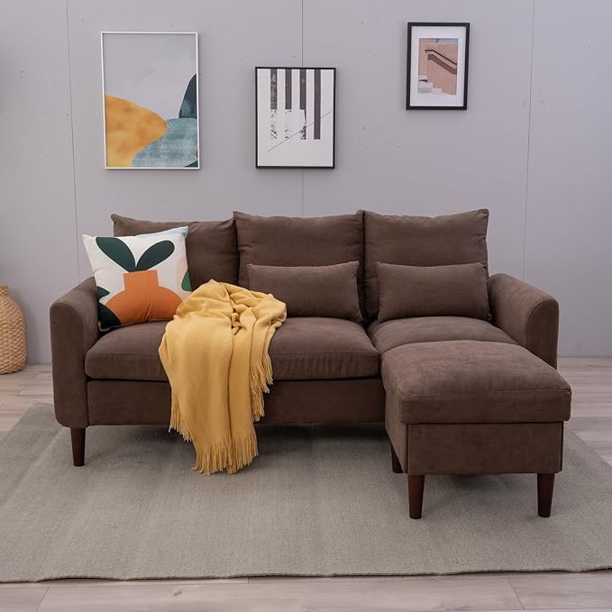 Panana 3 Seater with Footstool Chaise Small L-Shaped Corner Sofa Couch Armchair Furniture for Living Room Office (Brown Linen 3 Seater + Ottoman)