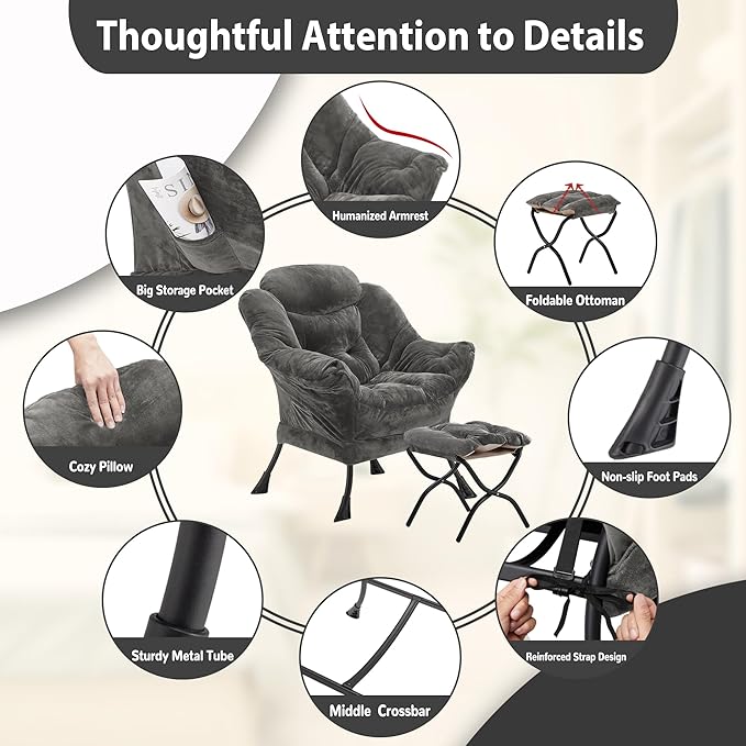 Lazy Chair with Folding Ottoman Accent Chair Plush Upholstered with Metal Structure and Non-Slip Pads Sofa Armchair with Footrest and Side Storage Bag for Dorm Room Office Dark Gray