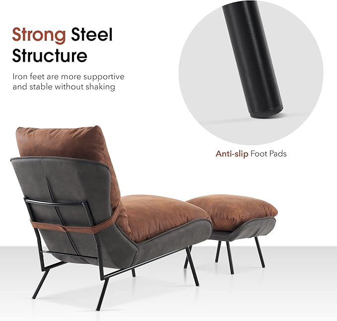 MCombo Modern Accent Chair with Ottoman Leathaire Fabric Armless Chair Upholstered Leisure Chairs for Small Space Living Room &amp Bedroom LW951 (Saddle)