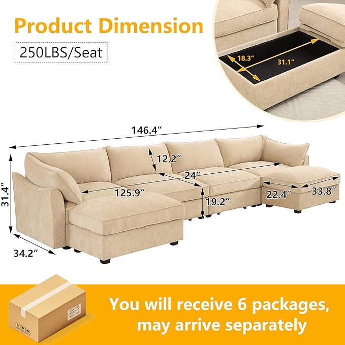 Aoowow Modular Sectional Sofa with Pullout Storage Seat 146.4” U-Shaped Chenille 4-Seat Sofa Couch with 2 Storage Ottomans Upholstered Deep Couches for Living Room Apartment OfficeWheat