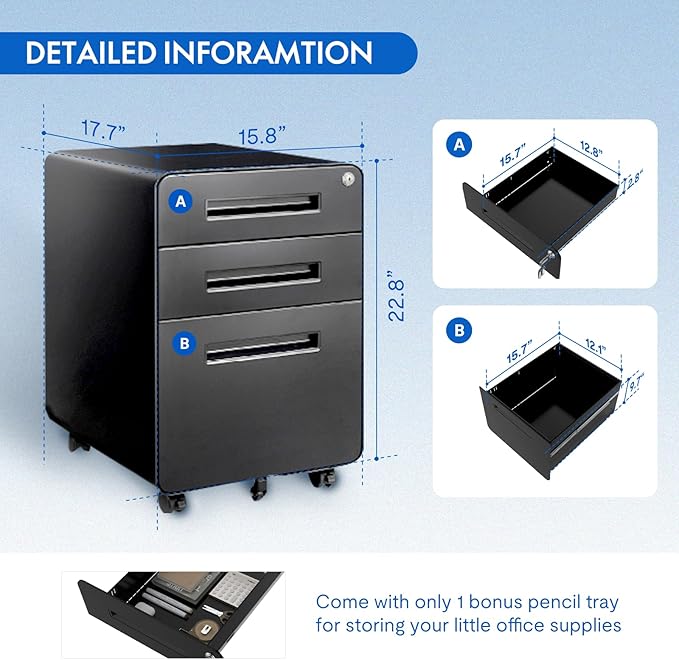 FLEXISPOT Metal File Cabinet for Home Office Mobile File Cabinet with Lock 3 Drawer Filing Cabinets for Legal/Letter/A4 File Round Corner DesignBlack