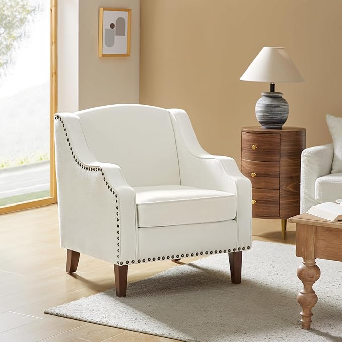 HULALA Home Accent Chair with Swoop Arms Upholstered Armchair with Removable Cushion &amp Solid Wood Legs Nailhead Trim Single Sofa Chair Reading Chair for Living RoomLounge Room Ivory