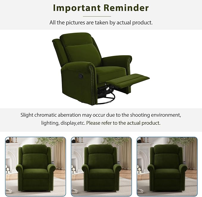 360° Swivel Recliner Chair with Adjustable Backrest Manual Rocking Recliner Home Theater Manual Recliner Chair with Metal Base and Velvet Fabric for Living Room (Green 2)