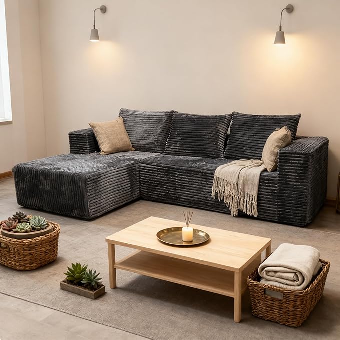 106-Inch Cloud Sectional Couch Couches for Living Room Corduroy Couch Highly Elastic Memory Foam Suitable for Living Room/Apartment/Bedroom (Gray to The Left)