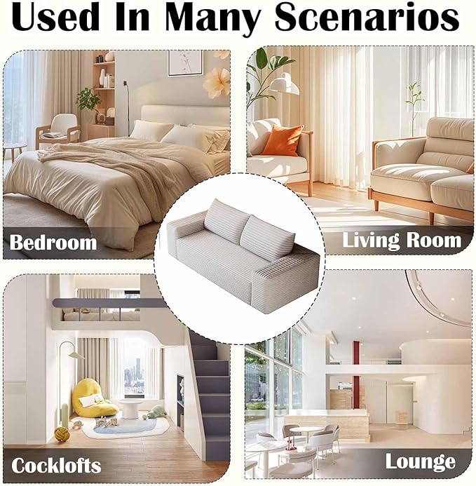 63 Corduroy Couch in a Box Cloud Loveseat Sofa with 2 Cushions Boneless Couches for Living Room Bedroom Small Space Compressed Deep Seat Memory Foam No Assembly (White 63)