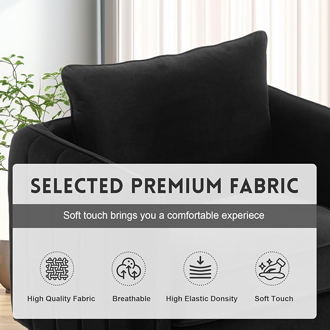 Mid Century Modern Accent Chair Comfy Upholstered Single Sofa Chair with Thick Cushion Velvet Armchair with Black Metal Legs Side Chair for Living Room Bedroom Apartment (Black)