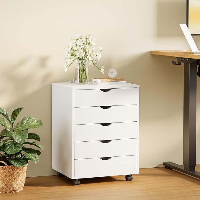NEWBULIG 5 Drawers File Cabinet Under Desk Storage with Wheels Small Rolling Office Filing Cabinets Chest of Dawers for Home Office White