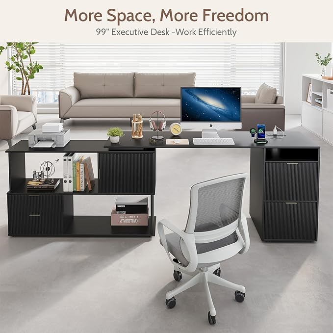 L-Shaped Desk with Drawers &amp Power Outlet 180 Rotating Corner Computer Desk with Storage 66 Inch Office Desk with 5-Drawer Space-Saving Modern L-Shaped Workstation for Home Office