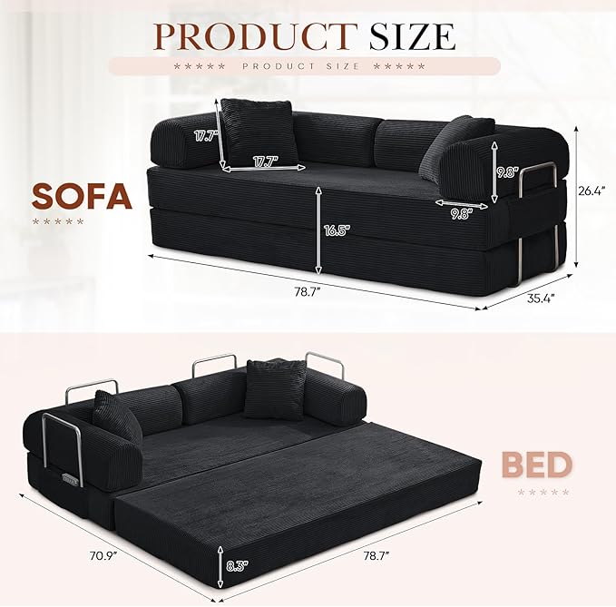 Antetek Modular Couch Bed Convertible Folding Plush Corduroy Comfy Floor Compression Loveseat Sleeper Sofa Couch King Size Bed for Guest Room Living Room Bedroom No Assembly Required Dark Black
