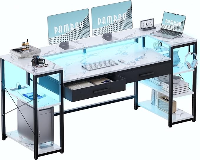 Pamray 58 Inch Computer Desk with Monitor Stand and Shelves Gaming Desk with LED Lights &amp Power Outlets PC Vanity Table with 2 Drawers for Home Office Marble