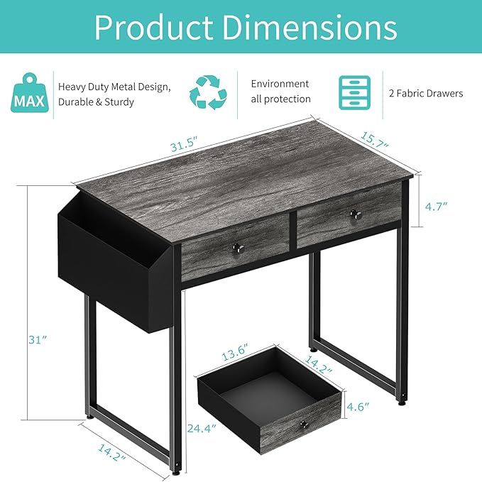 Lufeiya Small Desk with Drawers - for Bedroom 32 Inch Home Office Computer Desk with Fabric Storage Drawer and Bag Study Writing Table for Small Spaces Gray
