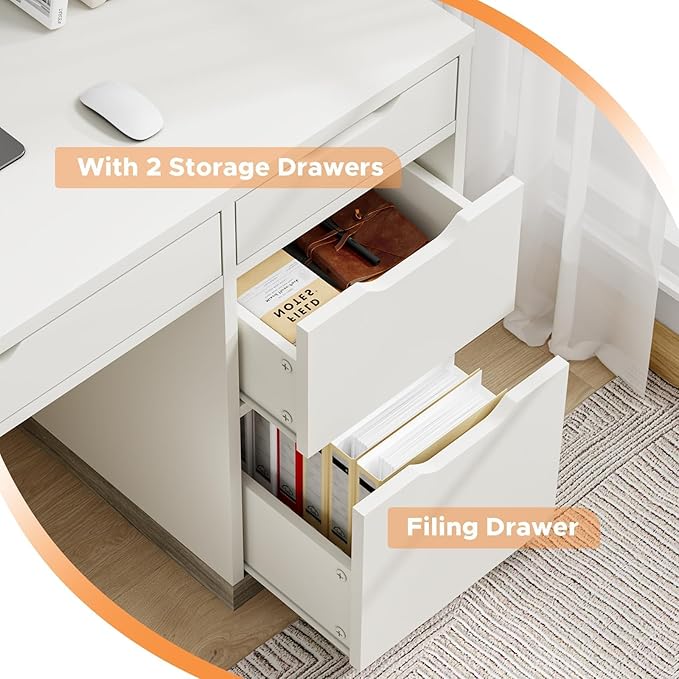White Desk with Drawers 48 Inch Small Computer Desk with 4 Storage Drawers for Small Space Home Office Desk for Bedroom with Storage File Drawer