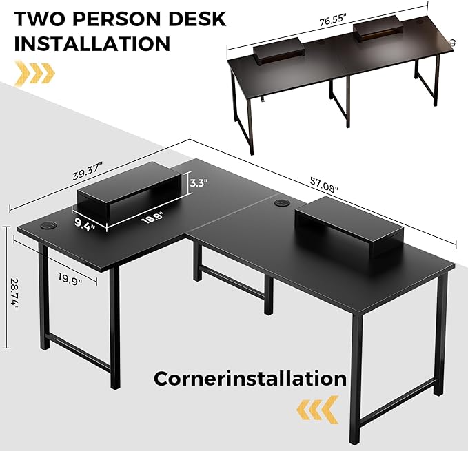 COMHOMA 57 L Shaped Desk with 2 Monitor Stand Reversible Computer Desk Corner Desks Gaming Desk PC Table Large Work Workstation for Gaming Writing Study Black