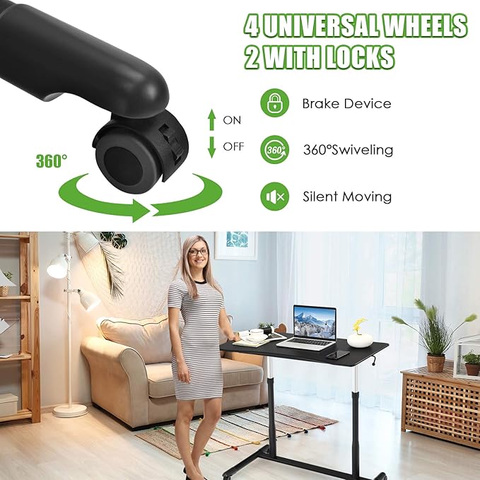 Tangkula Mobile Standing Desk Computer Desk Height Adjustable Stand Up Table with 4 Wheels Rolling Compact Standing Desk with Steel Frame MDF PVC Tabletop Ideal for Home Office (Black)