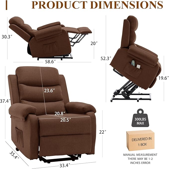 Recliner Lift Chair Small Power Chair for Elderly &amp Adults Electric Lift Recliners with Side Pockets for Bedroom Living Room Recliner Saves Your Favorite Positions Brown