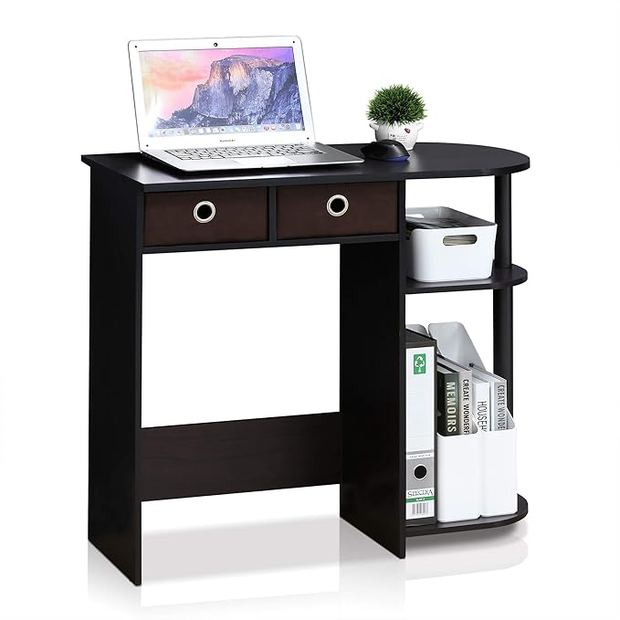 Furinno GO GREEN Desk 31.5 Wide Gaming Desk with 2 Side Shelves and Storage Bins Computer Desk Office Desk for Home Office Study Room Dorm Bedroom Dark Walnut