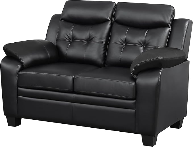 Coaster Home Furnishings - Finley - Leatherette - Upholstered Tufted Loveseat with Flared Armrest and Tapered Legs - Living Room - Black - 506552