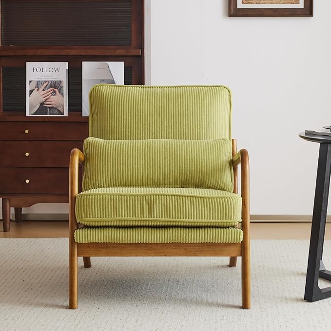 Karl home Mid-Century Modern Accent Chair Living Room Chairs with Pillow Corduroy Upholstered Lounge Armchair with Solid Wood Frame &amp Soft Cushion for Bedroom Reading Room Green