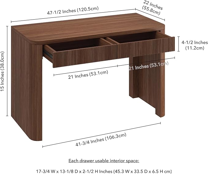 Henn&ampHart 47.5'' Modern Rectangular Wooden Fluted Home Office Desk Ribbed Computer Desk Writing Table with 2 Drawers for Home Office Medium Walnut