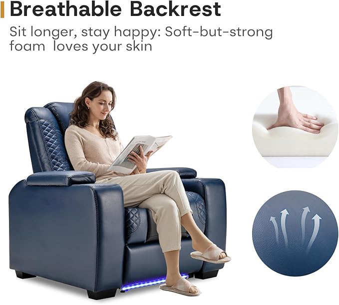 ANJ Power Home Theater Seating Set of 2 Blue Faux Leather Electric Recliner Chair with Adjustable Headrest Dual Motors Movie Reclining Chairs with LED LightsUSB portCup Holders Hidden Arm Storage