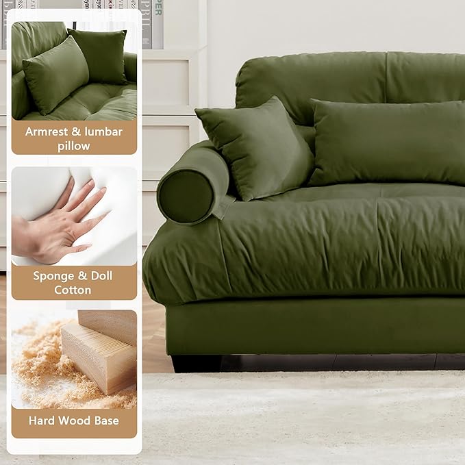 Setawix Luxury 4 Seater Sofa with Velvet Modern Cloud Couch with Comfortable ArmrestComfy Couches with Deep SeatExtra-Large Sofas for Living Room Bedroom(Olive)
