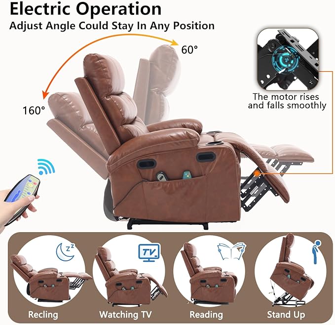 Faux Leather Electric Recliner Lift Chair with Massage and Heat for Elderly Adult Power Lift Recliners Chairs with Cupholders Side Pockets for Living Room Bedroom Lounge