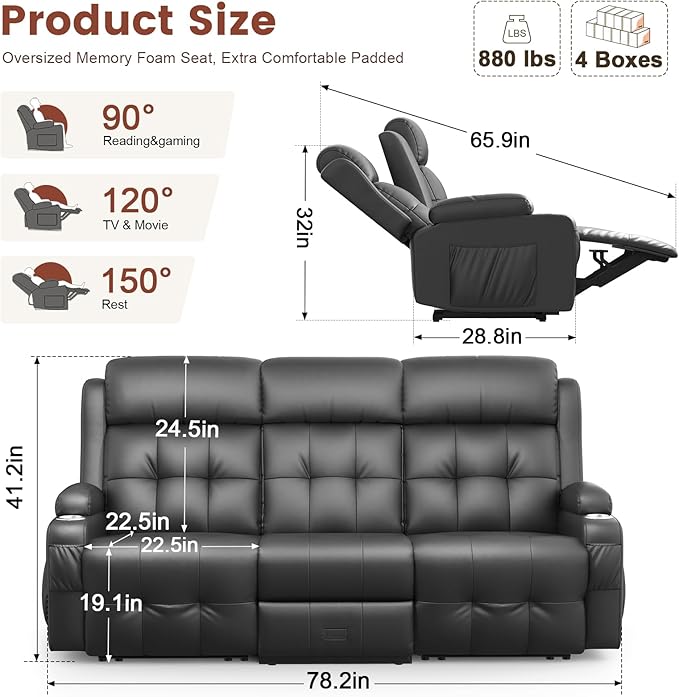 Recliner Sofa Massage Reclining Sofa 3 Seater Sets Heavy Weight Capacity RV Loveseat Couch Clearance with Flip Back Console Storage Cup Holders Wall Hugger Reclining Couch for Living Room