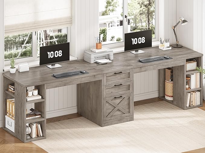 SEDETA Farmhouse 96.5 Computer Desk with Drawers 2 Person Home Office Desk Gaming Double Desk with Storage Shelves Long Two Person Writing Desk (Grey)