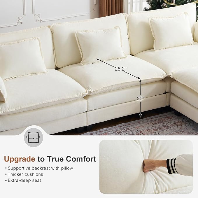 ABCASA Oversized 150 U Shaped Couch Modular Sectional Sofa 6-Seat Comfy Cloud Couch with 4 Pillows Deep Seat Couches for Living Room Bedroom and Apartment Chenille Beige