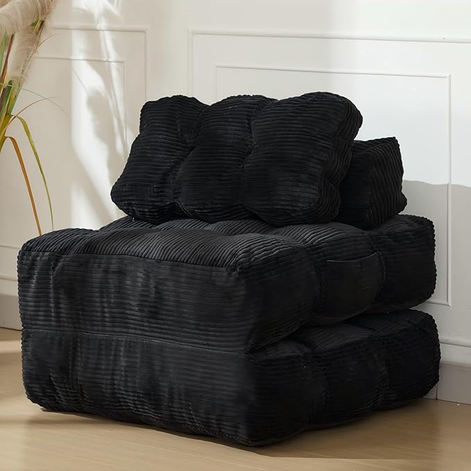 Folding Sofa Bed Convertible Sleeper Chair with Pillow Foldable Matress with Back Support Portable Fold Out Chair Bed Comfy Floor Sofa Lounge for Living Room Bedroom Black Single