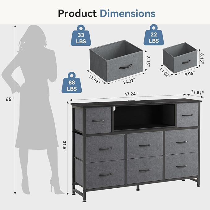 DUMOS TV Stand Dresser with 8 Fabric Drawers and Open Shelves LED Entertainment Center with Charging Station Wood Top Media Console for 45-55 inch Bedroom Grey