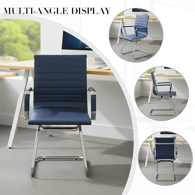 CIMOTA Waiting Room Chairs Leather Office Guest Chair Mid Back Reception Chairs with Sled Base for Meeting/Patient/Conference Room Navy Set of 6