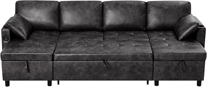 110 Suede Leather Pull Out Sofa Bed w/Adjustable Backrest Sectional Sleeper Couch w/Storage Chaises and Armrest Pillows U-Shape Sofa Bed w/USB Port for Living Room House Black