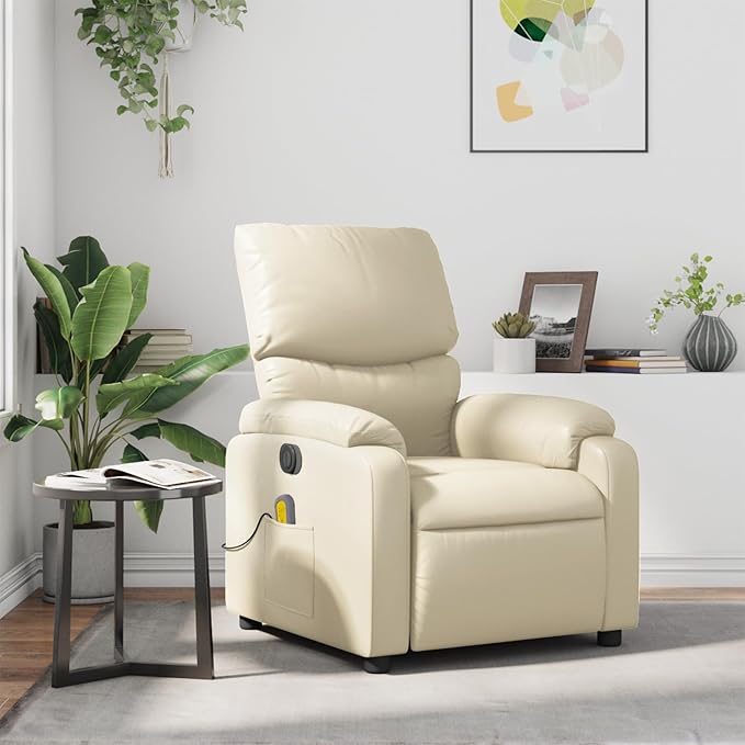 vidaXL Leather Massage Recliner Chair for Living Room Home Theater 6-Point Vibration Massage Adjustable Back &amp Footrest Side Pocket Cream