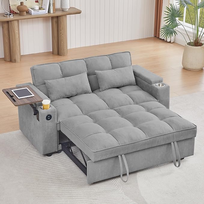 65'' Convertible Sleeper Sofa Bed with Adjustable Backrest Chaise Lounge Side Table &amp USB/Type-C Ports – Stylish &amp Functional Addition to Any Living Room (Light Grey)