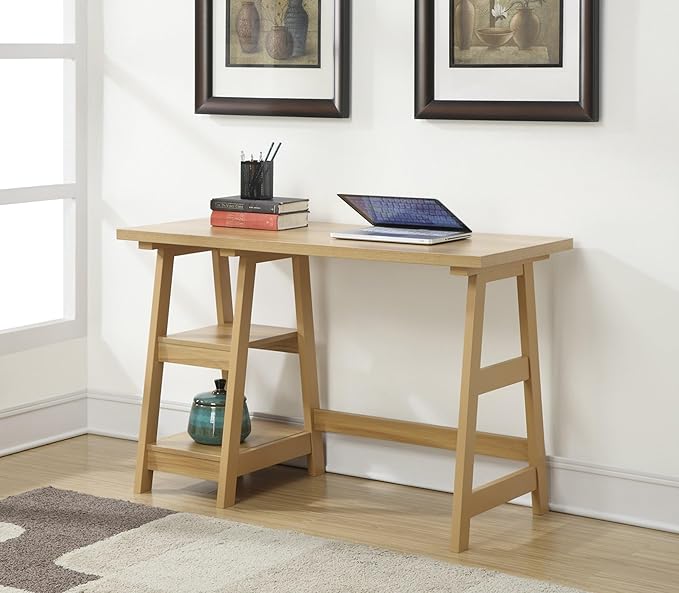 Convenience Concepts Designs2Go Trestle Desk 47 - Modern Desk or Vanity with Shelves for Office Den Dorm Living Room Light Oak
