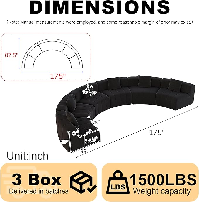 KEIKI Chenille Curved Sectional Sofa 6 Seat Symmetrical Modular Semi Circular Modular Couch Deep Seat Tufted Corner Sofa for Living Room Lobby Black
