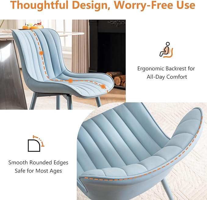 YOUNUOKE Mid-Century Modern Dining Chairs Set of 2 Blue PU Leather Upholstered Kitchen Chairs with Blue Metal Legs Armless Accent Chair for Dining Room Guest Reception Room