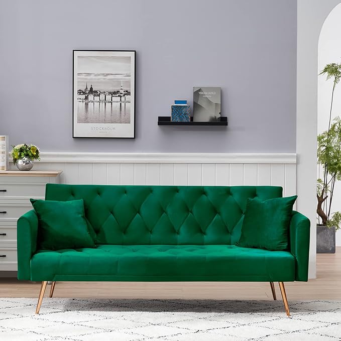 KINFFICT Velvet Futon Sofa Bed with 2 Pillows Convertible Sleeper Sofa Couch with 3 Angle Adjustable Backrest Modern Loveseat with 4 Golden Metal Legs for Living Room and Bedroom
