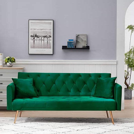 KINFFICT Velvet Futon Sofa Bed with 2 Pillows Convertible Sleeper Sofa Couch with 3 Angle Adjustable Backrest Modern Loveseat with 4 Golden Metal Legs for Living Room and Bedroom