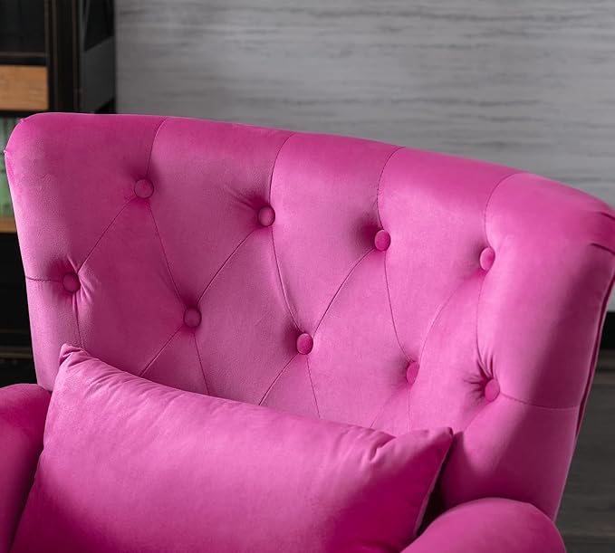 Mid Century Modern Accent Chair Upholstered Armchair Comfy Velvet Fabric Single Sofa with Tufted Wingback for Small Spaces Bedroom Living Room Hot Pink
