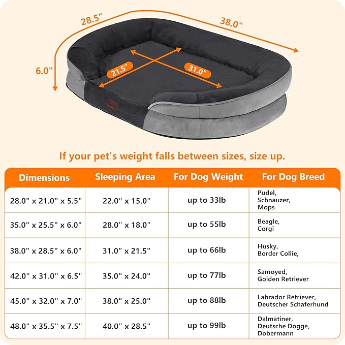 Dwanton Orthopedic Dog Bed for Large Dogs with Gel Memory Foam Waterproof Dog Sofa Washable Pet Bed with Four Sided Bolster Cushion Removable Cover &amp Non-Slip Bottom 38 Dark Gray