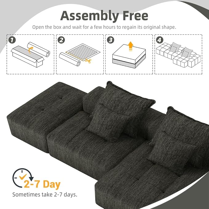 184'' Cloud Couch Modular Sectional Sofa with Ottoman Chenille Oversized Compression Boneless Sofa 6 PC DIY Combination Sleeper Chaise Longue Minimalist Couches for Living Room Black