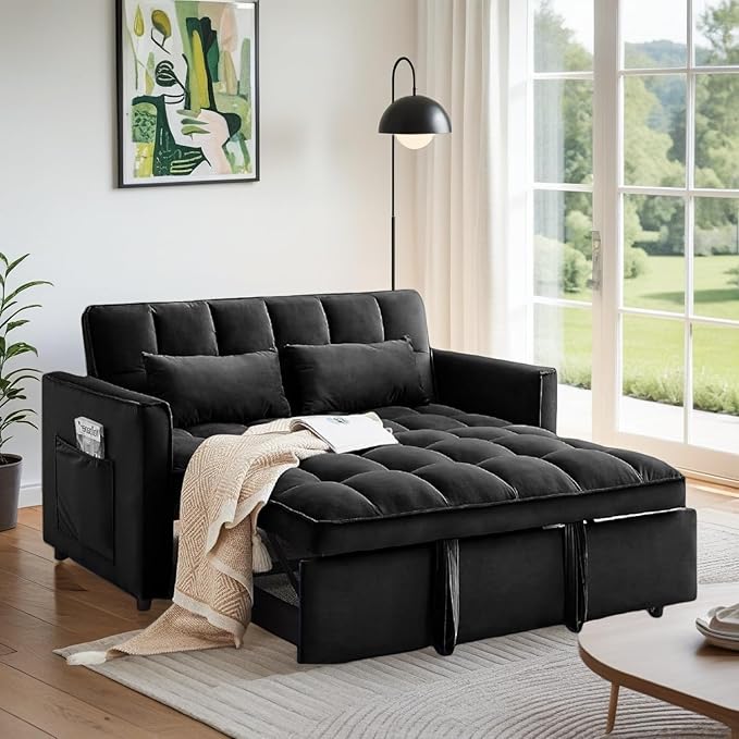 3 In 1 Velvet Convertible Sofa Bed Pull Out Couch Bed with Reclining Backrest And 2 Pillows 54 Full Size Loveseat Sleeper Sofa Futon Couch Bed Couches For Small Spaces Living Room (Black)