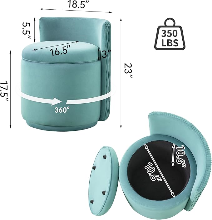Velvet Vanity Chair with Storage 360° Swivel Makeup Chair with Wave Back No Assembly Small Accent Stool for Bedroom Dressing Living Room Teal