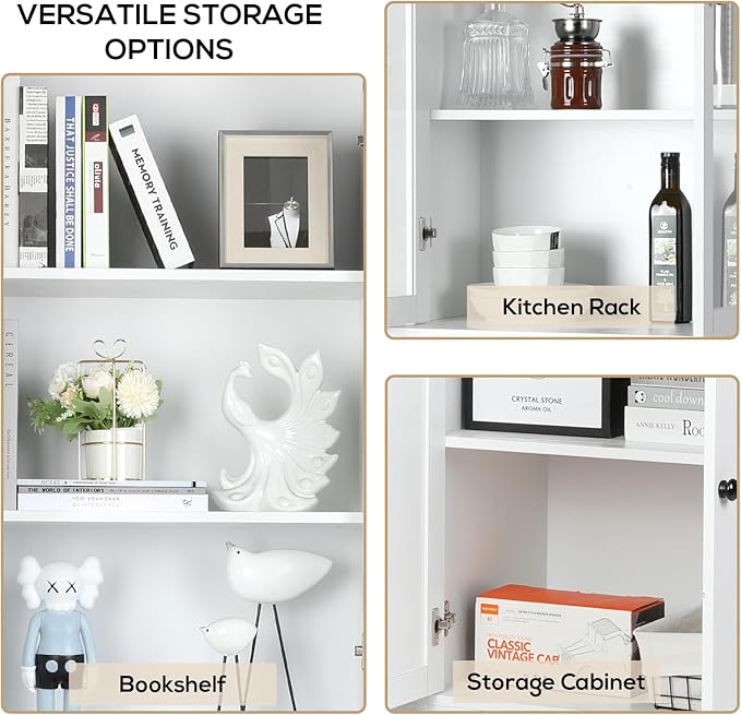 VOWNER Vertical File Cabinet 3-Tier Modern Bookshelf with 3 Large Drawer Wood Filing Cabinet with Open Storage Shelf Glass Doors and Adjustable Shelves for Home Office White (B)