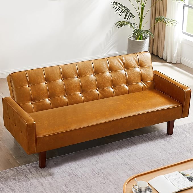 Faux Leather Couch Mid Century Modern Sofa with Memory Foam Comfy 3 Seater Couch for Small Spaces Living Room Office Brown
