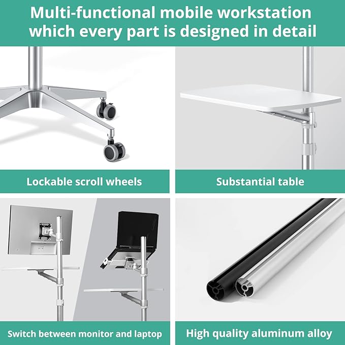 viozon Mobile DeskMobile WorkstationMulitiuse Rolling Laptop Floor Stand34-48.6 Height AdjustableCompatible with 17-27Monitor&amp12-17Laptop21×14 Desk BoardMaxload 17.6lbs4 Lockable Wh