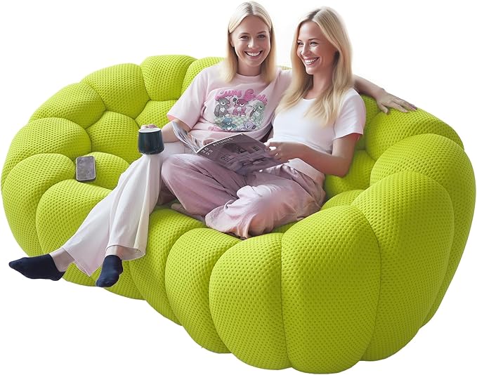 79.53'' Modern Bubble Sofa Love Seat Curved Couch Breathable Mesh Lazy Floor Sofa 3D Honeycomb Shape Bubble Couches for Living Room Office Apartment Small Space Fluorescent Green 2 Seater