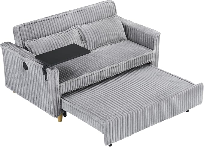 LUMISOL 3 in 1 Convertible Sleeper Sofa Bed 54 Loveseat Sofa with Pull Out Bed Corduroy Loveseat Futon Couch Bed with Side Table &amp USB Ports for Living Room Apartment Gray